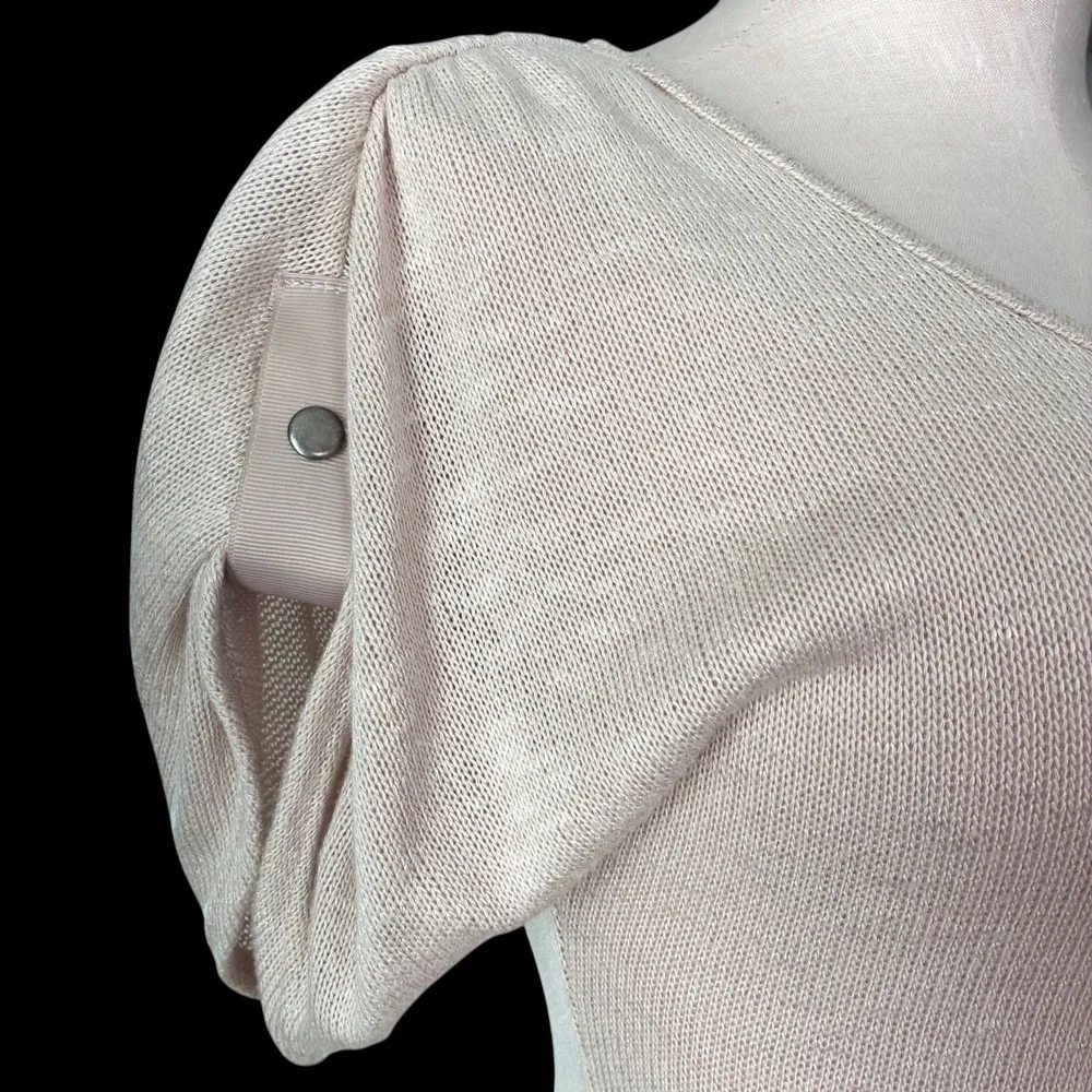 90s DEB Beige Knit Top S Longline Fitted Sweater USA‎ Side Gathered V Neck